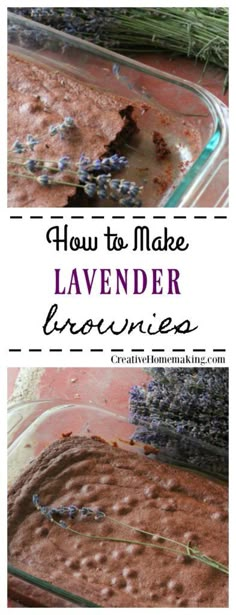 how to make lavender flower brownies in a glass baking dish with text overlay