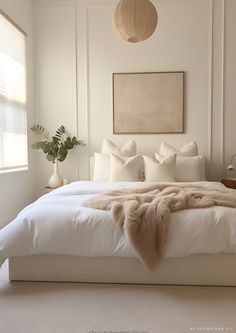 a bed with white sheets and pillows in a bedroom next to a painting on the wall