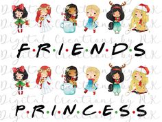 the words friends princess are in black and white with red bows on their heads, while two