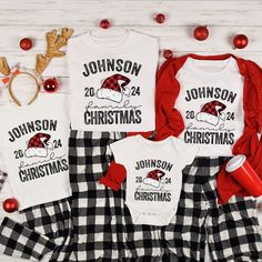 three personalized christmas pajamas and matching onesuits are laid out on the floor