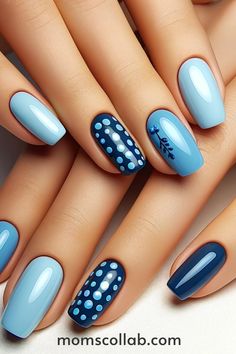 Whether you choose the calm serenity of snowflakes or the bold statement of Aztec art, each design offers a unique way to express yourself. Blue On Blue Nails, Nails With 2 Colors, Nails Blue Design, Nails Art Blue, Nails Ideas Blue, Summer Nail Color Ideas, Two Color Nails, Summer Nail Color, Blue Nail Art Designs