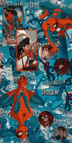 spider - man collage with images of the characters and their names on them, all in different colors