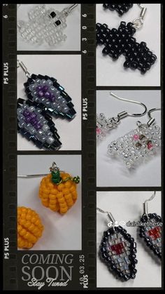 the instructions for making beaded earrings are shown in several different styles and colors, including beads