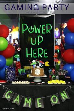 a game on birthday party with balloons, cake and streamers that say power up here