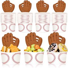 baseball themed paper cups with mitts and cookies in them for desserts or snacks