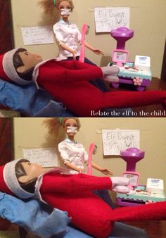 The child just for dental surgery today and when she wakes up tomorrow she will know everything has to get there teeth done even elfs #elfontheshelf #ideas #elf #on #shelf #ideas #christmas #diy #fun #activity Elf On Shelf Ideas, Elf On Shelf, Elf On A Shelf, Dental Surgery, A Shelf, Surgery