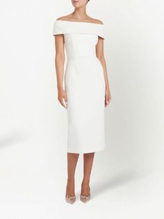 Rebecca Vallance Amore off-shoulder Midi Dress - Farfetch Ankle Length White Dress, Over The Shoulder Dress, White Off The Shoulder Dress, White Knee Length Dress, Off Shoulder Midi Dress, Flower Midi Dress, Midi Wedding Dress, Midi Dress White, Rebecca Vallance