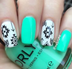 Aztec/Tribal design with a pop of neon.  #aztecnails #tribalnails #orly #summernails #bornprettystore Cowgirl Nail Designs, White And Turquoise Nails Western, Black And Turquoise Nails Western, Aztec Nails Design, Cowgirl Nails Westerns, Aztec Acrylic Nails, Simple Aztec Nail Designs