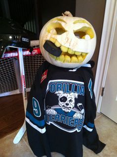 a hockey jersey that has been carved to look like a pumpkin