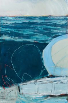 an abstract painting of a boat in the middle of the ocean with blue and white colors