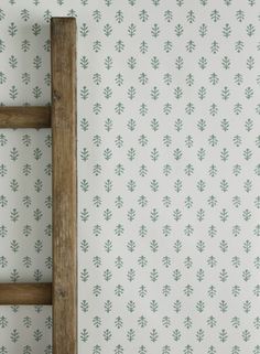 a wooden ladder against a wall with green leaves on it