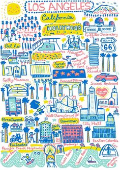 an illustrated map of los angeles with the names and symbols in blue, yellow, and white