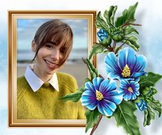 a young woman is smiling with flowers in front of her and an image of the same person