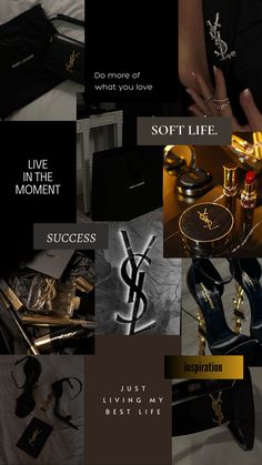 a collage of black and gold items including shoes, jewelry, bracelets and necklaces