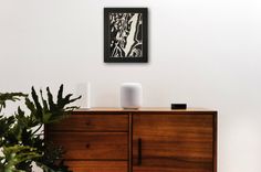 a wooden cabinet with an electronic device on top of it next to a potted plant