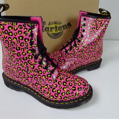 Doc Marten Boots ”Loud Leopard” Print! 1460 Smooth Style Smooth Leather Upper Clash Pink Lace Up Combat Boot Style Heel Airwair Branded Pulltab Approx 7.5-8” Tall Air Cushion Sole Brand New In Box Pricing Is Fair And Quite Firm . Please Let Us Know If You Have Any Questions. Pink Waterproof Spring Boots, Pink High-top Leather Boots, Pink Waterproof Lace-up Boots, Casual Pink Ankle Boots, Pink Combat Boots, Doc Marten Boots, Leopard Print Pink, Doc Marten Boot, Combat Boots Style