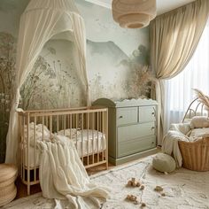 a baby's room decorated in neutral colors