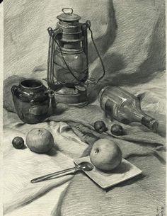 a still life with an apple, bottle and knife on a table cloth next to it