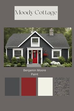 a gray house with white trim and red door is featured in the front yard color scheme