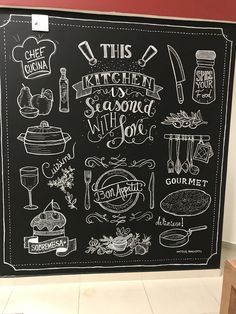 this kitchen is seasoned with love chalkboard sign on the wall in front of it