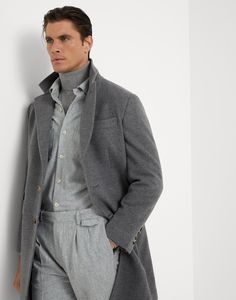 Water-resistant lightweight cashmere overcoat The excellence of Brunello Cucinelli materials elevates the essential style of this lightweight pure cashmere overcoat. Dyed in season’s colors, the fabric combines a cozy and lightweight texture with a smooth, ultra soft hand. Classic details like the lapel and the flap pockets complete this garment, which offers a regular and comfortable fit. Classic Sweater Coat With Lapel Collar For Business, Classic Formal Cashmere Sweater Coat, Classic Single-breasted Sweater Coat For Formal Occasions, Luxury Wool Outerwear For Business Casual, Business Cashmere Long Wool Coat, Winter Cashmere Business Outerwear, Business Long Cashmere Wool Coat, Luxury Formal Winter Sweater Coat, Cashmere Outerwear For Business In Winter