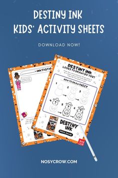 two children's activity sheets with the title, destiny ink kids'activity sheets