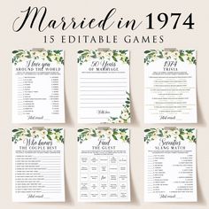 wedding games with flowers and greenery on them, set of five cards for the bride