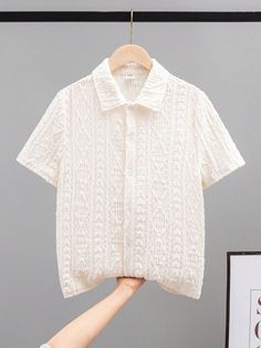 White Casual Collar Short Sleeve Knitted Fabric Plain Shirt Embellished Slight Stretch  Tween Boys Clothing Plain Shirt, Plain Shirts, Korea Fashion, Half Zip Pullover, Boys Clothing, Kids Beachwear, White Casual, Boys Shirts, Denim Wash