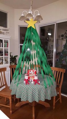 a green christmas tree sitting on top of a wooden table