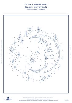 an image of the moon with stars and snowflakes on it in blue ink