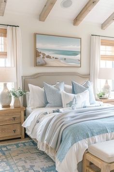 a bedroom with white walls and blue bedding