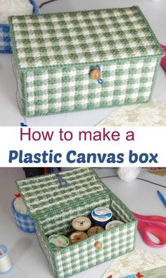 two boxes that have buttons in them and the words how to make a plastic canvas box