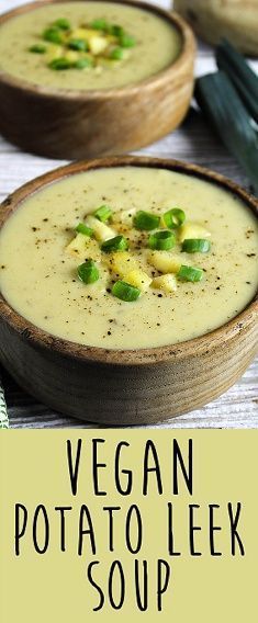 vegan potato leek soup in wooden bowls