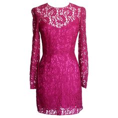 Classic Dolce&Gabbana jewel toned raspberry pink lace dress. Beautifully cut shaped long sleeved rich lace. Rear hidden zip. Comes with separate raspberry silk slip. Fabric is rayon and nylon. NEW or NEVER WORN. final sale SIZE 42 USA SIZE 6 DRESS MEASURES: LENGTH 35" WAIST 13.5" HIP 17" UNDERARM TO UNDERARM 16.5" SLEEVE 25" CONDITION: NEW or NEVER WORN Hot Pink Lace Dress, Gabbana Dress, Pink Lace Dress, Dolce Gabbana Dress, Lace Pink Dress, Raspberry Pink, Lace Dress With Sleeves, Long Sleeve Lace Dress, Dolce & Gabbana