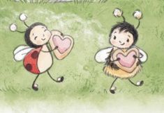 two children holding hearts in their hands while standing next to each other on the grass