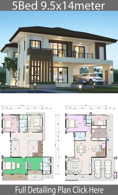 three story house plan with floor plans and measurements