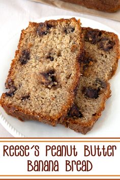 A plate stacked with two slices of Reese's Peanut Butter Banana Bread. Butter Banana Bread, Classic Banana Bread, Fall Deserts, Peanut Butter Banana Bread, Reese's Peanut Butter Cups, Baked Recipes, Tasty Bread Recipe, Loaf Cakes, Peanut Butter Lovers