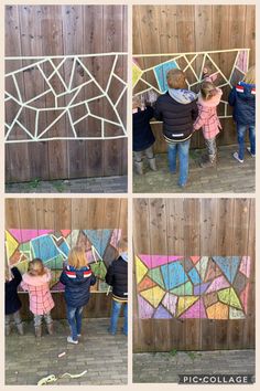 four pictures of children standing in front of a wooden fence