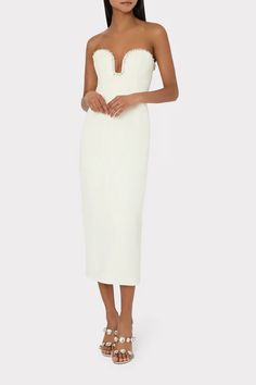 Emelia Boucle Strapless Midi Dress in Ecru | MILLY Elegant Embellished Midi Dress For Date Night, Embellished Midi Dress With Fitted Bodice, Strapless Midi Dress, Cocktail Evening Dresses, Maxi Dress Cocktail, Swimsuit Cover Ups, Swimsuit Cover, Sweater And Shorts, Blazer Coat