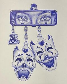 a drawing of two masks hanging from a mirror