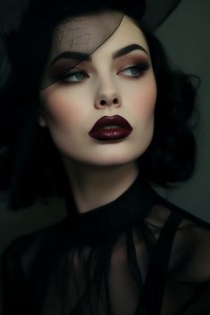 Dark Makeup For Wedding, Lilith Inspired Makeup, Flapper Inspired Makeup, 1930s Glam Makeup, Scottish Makeup Looks, Dark Goth Makeup Looks, Elegant Gothic Makeup, Cool Black Makeup, Ultra Glam Makeup