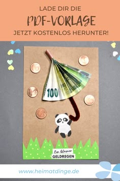 a card with an umbrella and money on it, in the shape of a panda bear