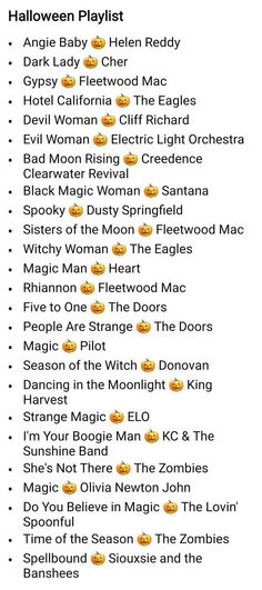 the list for halloween playlist with pumpkin faces on it and other words above them