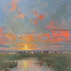 an oil painting of a sunset over a marsh