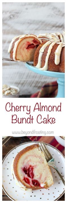 cherry almond bundt cake on a plate with the words cherry almond bundt cake