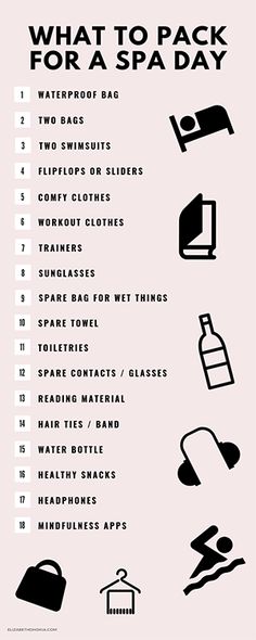 what to pack for a spa day with the text in black and white above it