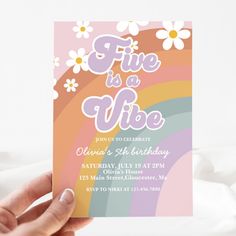 a person holding up a card that says five is a vibe with daisies on it