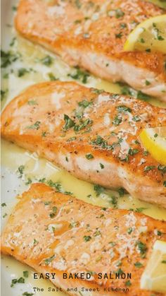 salmon with lemon sauce and parsley on top