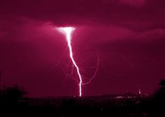 lightning strikes in the night sky over trees and buildings, with bright pink lighting behind it