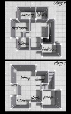 three different views of the same room with stairs and other things in it, all labeled